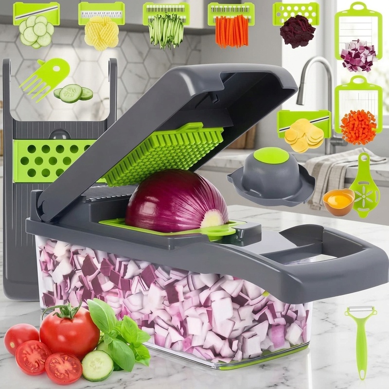 Potato Masher Ricer - 16-in-1 Vegetable Chopper Slicer Dicer, Multifunctional